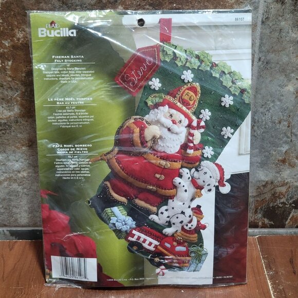 Plaid Bucilla Felt Stocking Kit 2008 Fireman Santa Dalmatian Dog 18" 86107 - Picture 1 of 11